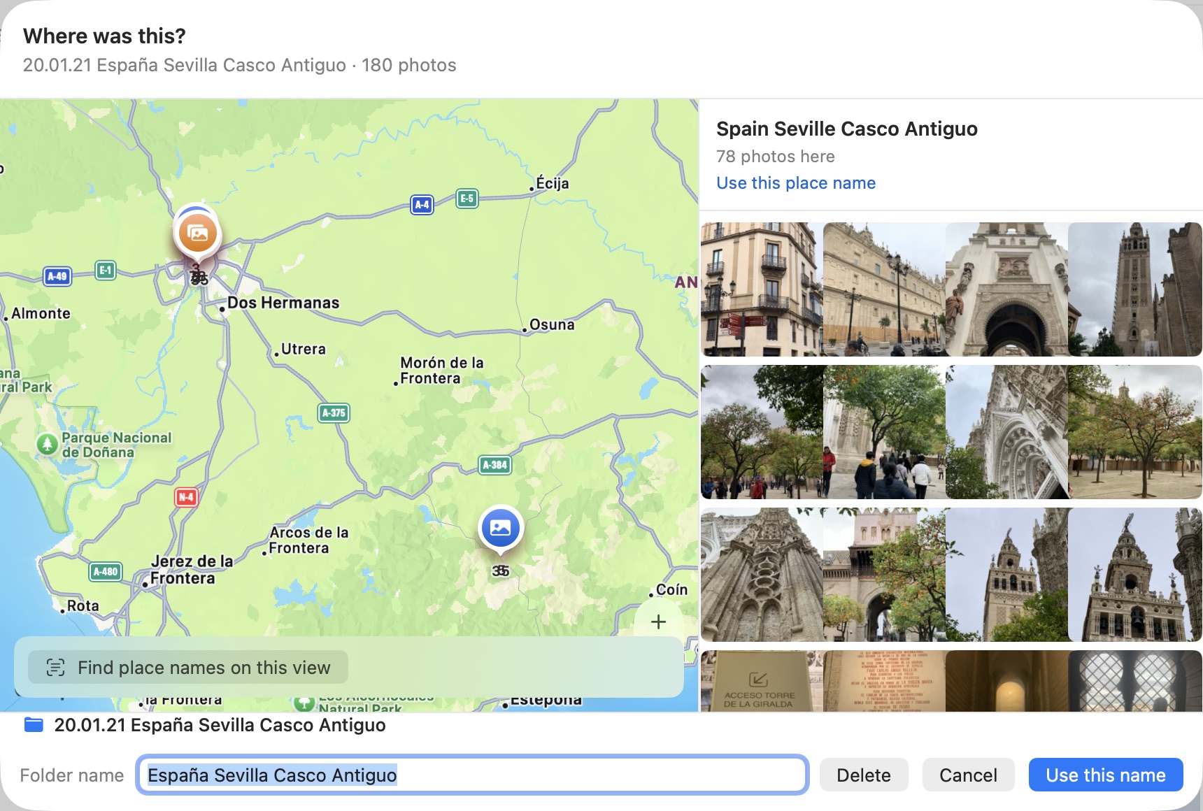 A map pinning where photos were taken, with a field to name the place yourself
