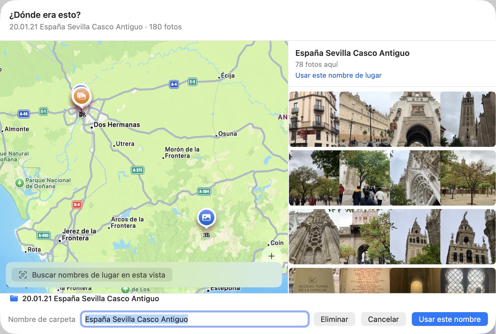 Un mapa que señala dónde se hicieron las fotos, con un campo para ponerle nombre tú