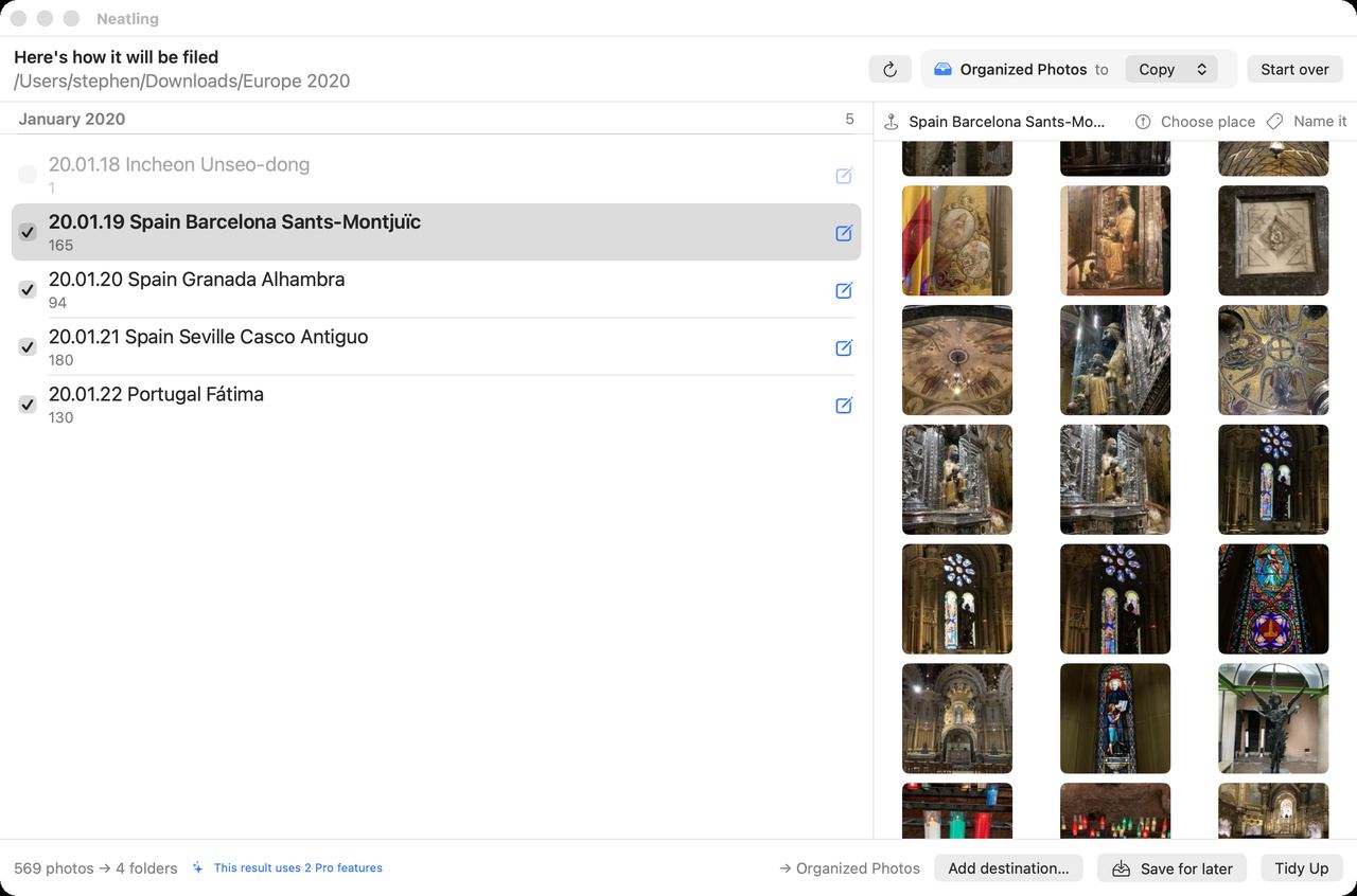 Preview showing photos split into folders by date and place — Barcelona, Granada, Seville and Fátima