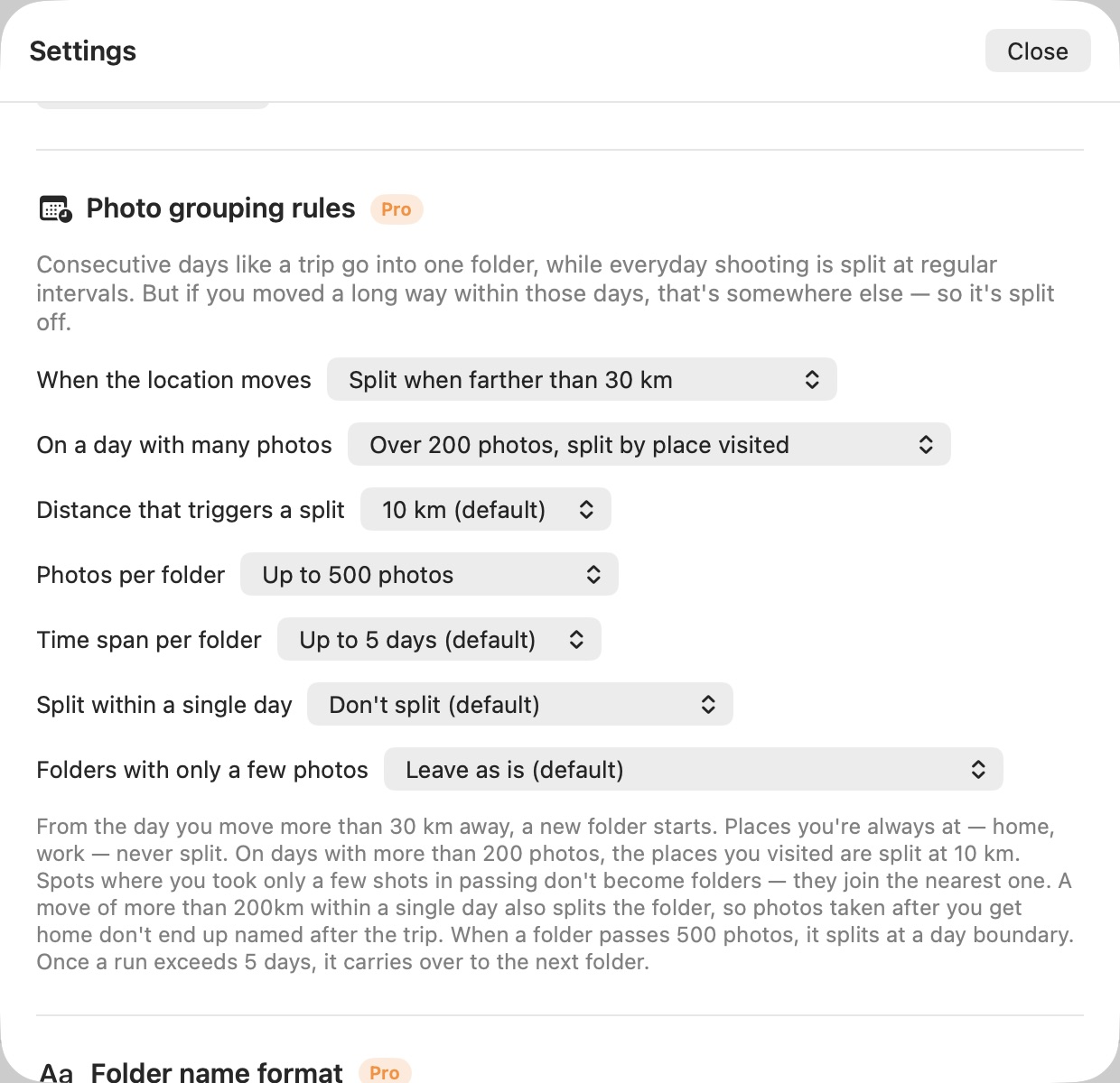 Settings for how many days and how far apart photos are grouped into one folder
